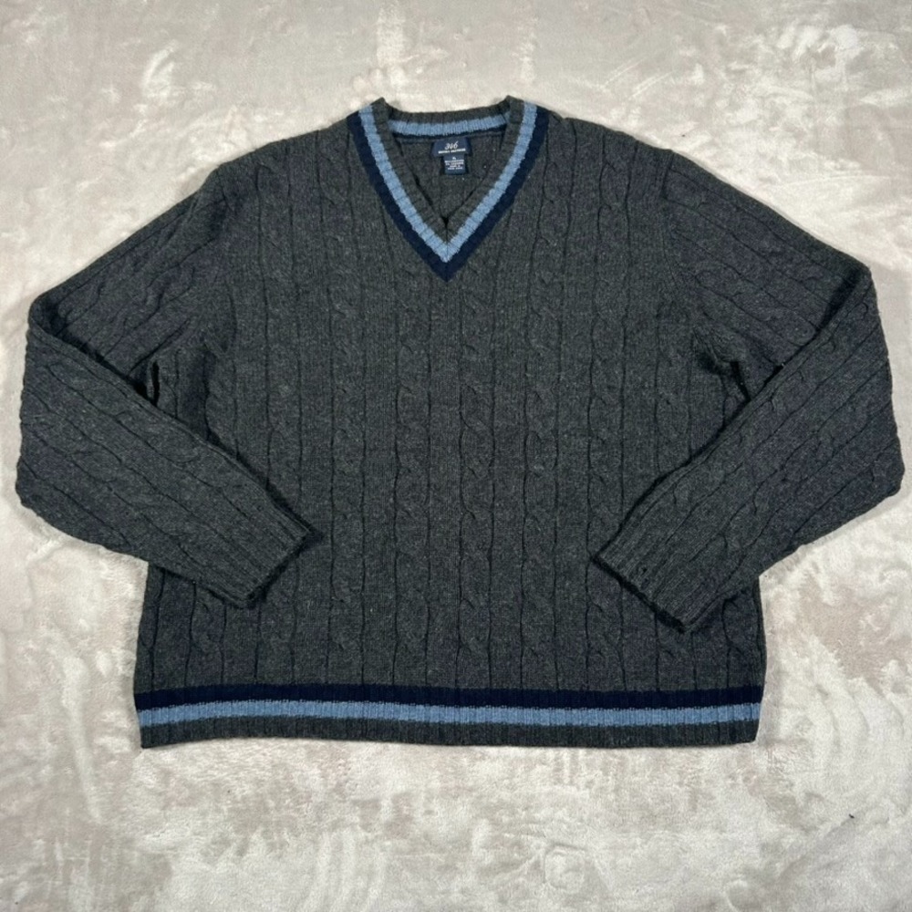 VTG Brooks Brothers 346 V-Neck Sweater Men XL Gray Lambswool Cashmere Cable Knit